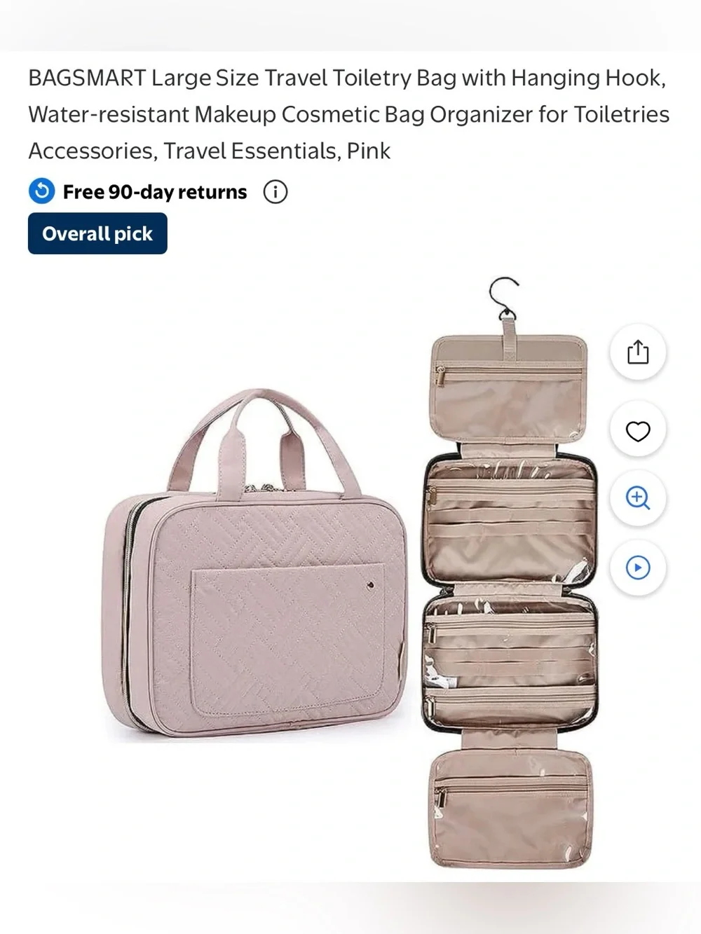 NEW BAGSMART Large Travel Size Toiletry Bag w/ Hanging Hook Makeup Bag Organizer
